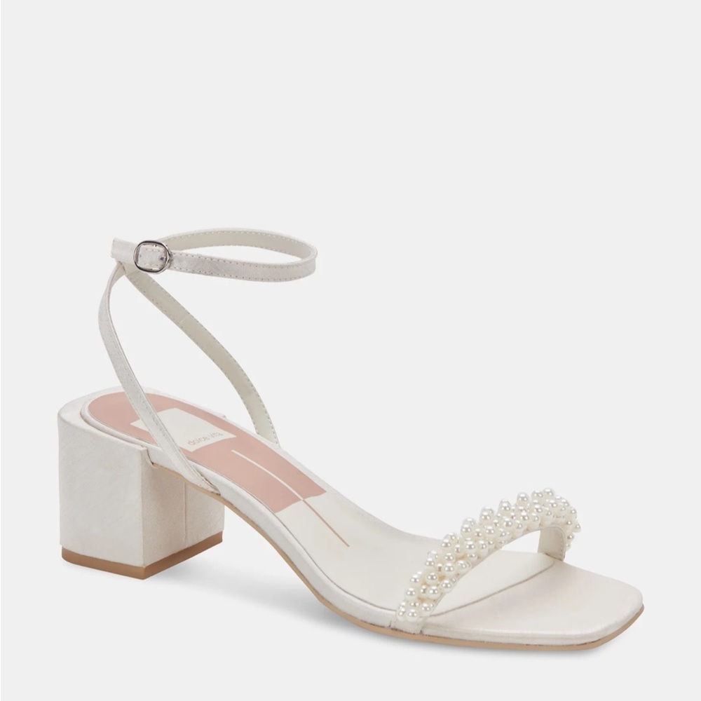 Elegant White Block Heel Sandals with Pearls